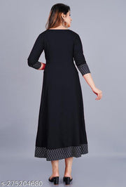 Unique Stylist Women's Solid Printed Round Pleated Flared Kurti (Black)