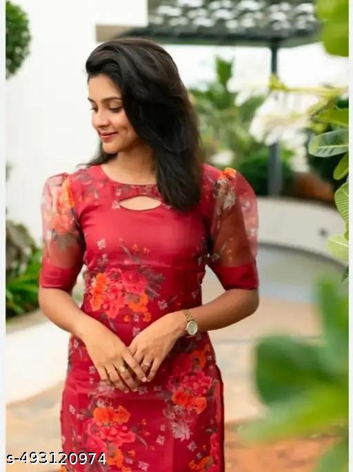 Organza Flower Print Red Kurtis puff Styling sleeve, Styling Design