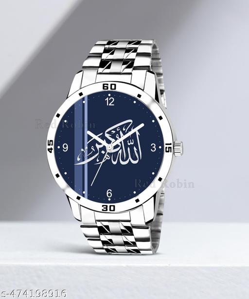 Krolexe Analog Allahu Akbar Isalmic Design Round Dial Latest Fashion Attractive Stainless Steel Silver Strap Stylish Wrist Watch for Muslim Men and Boys, Pack of 1 - IW005-NUM-AVO-SIL-STL