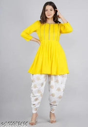 Stylum Women's Embellished Rayon Pleated Kurta Dhoti Pant Set (Mustard)