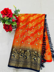 Balaton Silk Banarasi Saree with rich zari weaving, elegant texture, and attached unstitched blouse. Perfect for festive and wedding occasions.