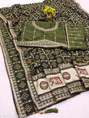 Women's Bandhani Printed Silk Box Embroidered Work Saree with Unstitched Blouse