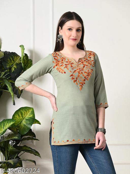 Womens Pista Green Embroidered Short Kurti