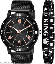 NEW ARRIVAL BLACK KING BRACELET WITH BLACK DIAL AND MESH STRAP SPORTY LOOK ANALOG WITH QUARTZ WATCH