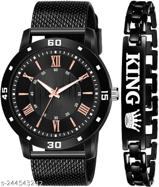 NEW ARRIVAL BLACK KING BRACELET WITH BLACK DIAL AND MESH STRAP SPORTY LOOK ANALOG WITH QUARTZ WATCH