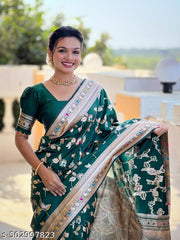 Soft Banarasi silk saree with zari weaving Meenakari touchup design all over the saree & Meenakari weawing Rich pallu with Meenakari weawing border & Tessell attached at Pallu End.