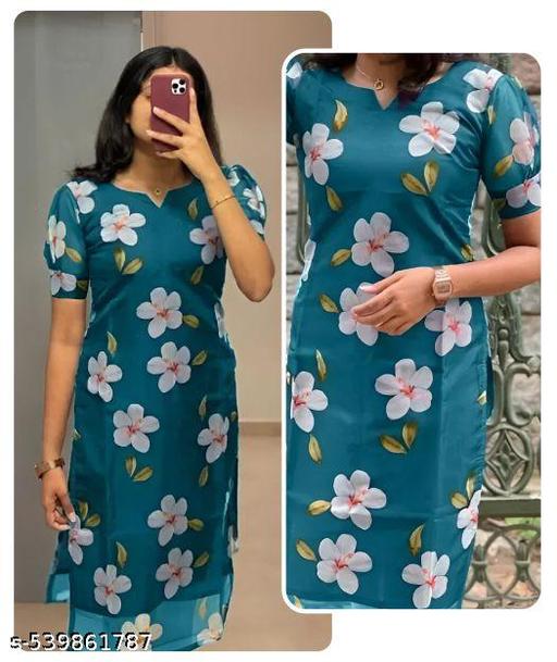 Trendy Teal Floral Print Puff Sleeve Kurti for Women | Casual & Festive Wear