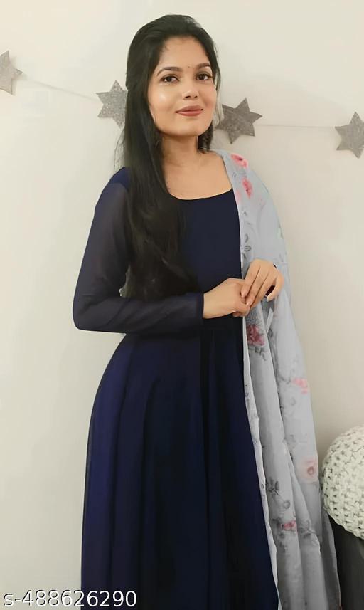 Women Solid Georgette Anarkali Kurta With Attached Dupatta