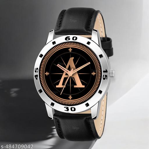 Talgo Analog Round Black Dial ALPHABET A Design Stylish Black Leather Strap Classic Design Fancy Wrist Watch for Men and Boys, Pack of 1 - ALP-A-AVO-SIL-BLK-L