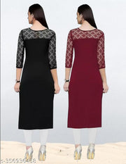 Pack of 1 Casual American Crepe And Net Round-Neck 3/4 Length Sleeves Black & Maroon Kurti (42"Inches)