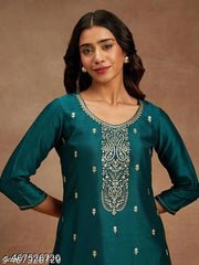 Designer Silk Blend Straight Kurta || Women Embroidered Silk Blend Straight Kurta ||