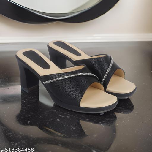 Women Casual Heels Sandals Synthetic Leather Stylish Comfortable Footwear Perfect for Office College School Partywear Market Daily Use Lightweight Modern Design for Girls