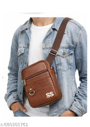 Pure Luxury Gloss Leather Small Sling Bag for Men | Chest Slinger bag | Crossbody Bag| Side Bag Men | Mini Leather Slings | Corporate Gift Item | Passport Document Sling. (Royal Brown)