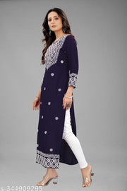 Women Embroidered Cotton Rayon Straight Kurta  (navy Blue)