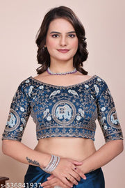 Women's Blue Heavy Embroidered Silk Saree with Cutwork Border & Figure Designer Blouse Piece