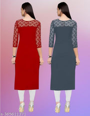 Pack of 1 Casual American Crepe And Net Round-Neck 3/4 Length Sleeves Red & Grey Kurti (42"Inches)