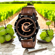 Femeo Analog 9112 Watches Round Black Dial C Design Stylish Brown Leather Strap Classic Design Fancy Wrist Watch for Men and Boys, Pack of 1 - A07ZALPHA-C-AVO-BLK-DBRW-CRL