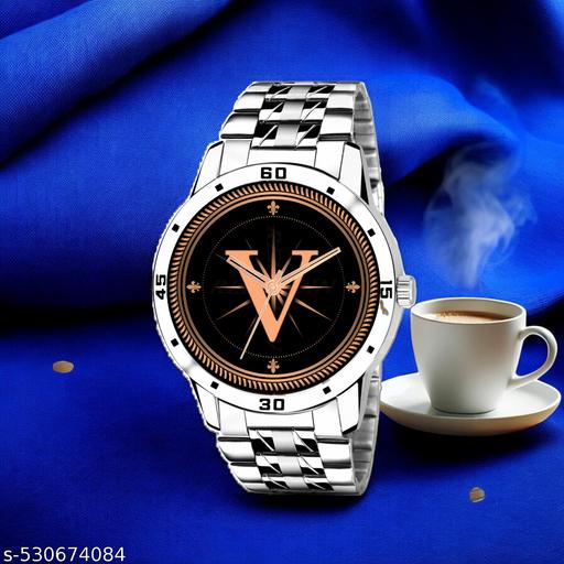 Femeo   Analog 9293  Watches Round Black Dial V Design Stylish Silver Stainless Steel Strap Classic Design Fancy Wrist Watch for Men and Boys, Pack of 1 - A07ZALPHA-V-AVO-SIL-STL