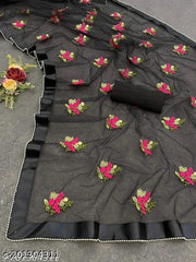 embroidery work net fabric saree
