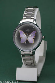 Trendy Ethnic Embossed Fly Designer Shiny Silver Round Case Dial Gorgeous Slim Fit Stainless Steel Chain Analog Watch for Women for Girls.