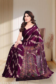 Women Wine Chiffon Print Saree with Printed Border