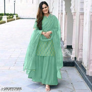 Women's Beautiful Rayon Printed Round Neck Kurta And Sharara With Net Dupatta Set