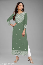 Women Embroidered Cotton Rayon Straight Kurta  (Light Green)