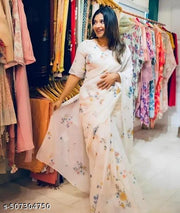 linen cotton printed white color saree