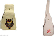 Beige & Off-White Cotton Canvas Sling Bag with Colorful Owl and Jai Shri Radhe Print | Eco-Friendly Crossbody Shoulder Bag for Travel, College & Daily Use