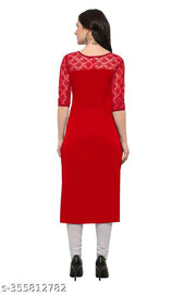 Pack of 1 Casual American Crepe And Net Round-Neck 3/4 Length Sleeves Black & Red Kurti (42"Inches)
