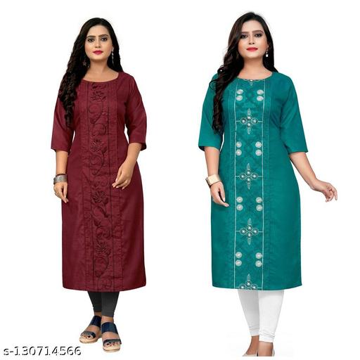 Women's Embroidered Plus Size Cotton Kurta ( Pack of 2 )