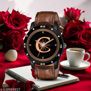 Femeo Analog 9112 Watches Round Black Dial C Design Stylish Brown Leather Strap Classic Design Fancy Wrist Watch for Men and Boys, Pack of 1 - A07ZALPHA-C-AVO-BLK-DBRW-CRL