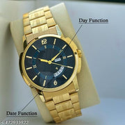 Latest Design Men's Watches Day-Date Black Dial & Original Gold Plated Adjustable Bracelet Quartz Analog Watch - For Men