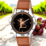 Femeo  Analog 9103 Watches Round Black Dial L Design Stylish Beige Leather Strap Classic Design Fancy Wrist Watch for Men and Boys, Pack of 1 - A07ZALPHA-L-AVO-SIL-TAN-PL