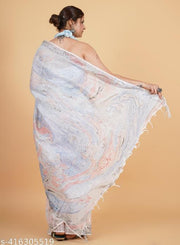 SANGANERI,BAGRU HAND BLOCK PRINTED LENIN SAREE WITH BLOUSE PIECE