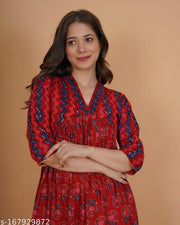 INDIANIC Women Rayon Floral Print Flared Kurta (Red)