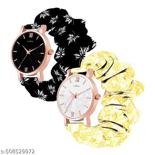 Scrunchie Bands Watch for Women & Girls Scrunchies Watch Classic Flower Dial & Unique Scrunchies Watches Strap Cloth Soft Pattern Solid Fabric Wristband Watch Combo Pack of 2