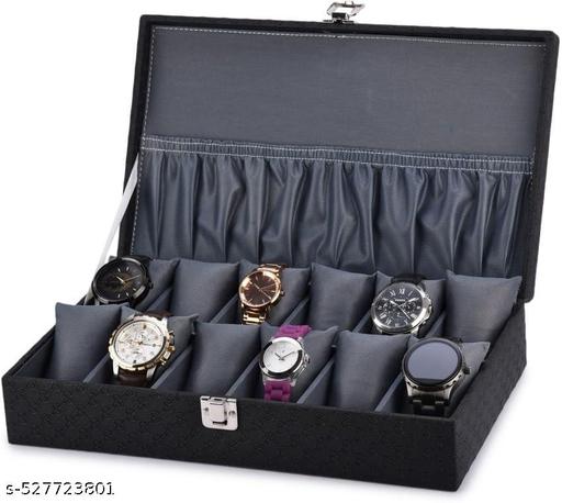 Faux Leather Watch Box Organizer Case For Unisex With 12 Slots For Watches In Black And Grey Color