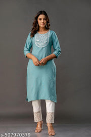 Latest Blue cotton kurti with embroidery PCWN 20