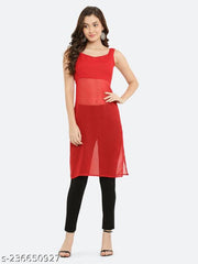 Shimaom Women Solid Georgette Sleeveless Straight Kurti