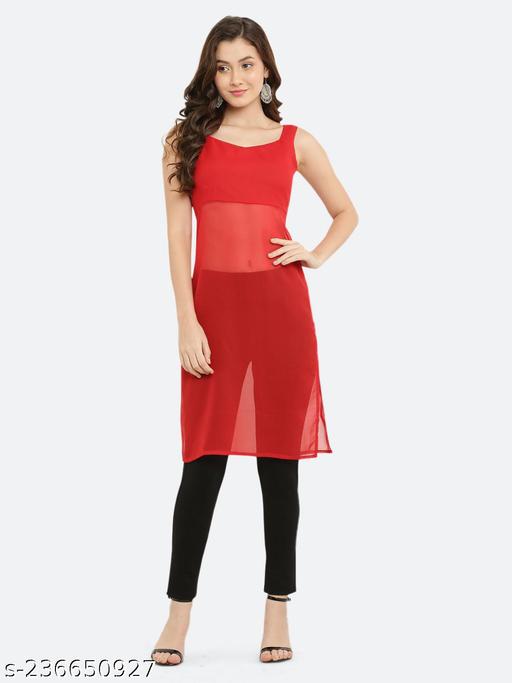 Shimaom Women Solid Georgette Sleeveless Straight Kurti
