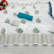 Kasavu Chettinadu Linen Silver Zari Patta Embroidary Saree With Lilen & Banglori Silk Un-Stitched Blouse(Two Blouse In This Saree)