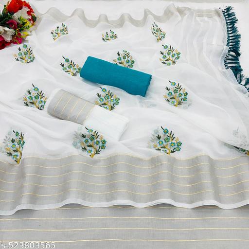 Kasavu Chettinadu Linen Silver Zari Patta Embroidary Saree With Lilen & Banglori Silk Un-Stitched Blouse(Two Blouse In This Saree)