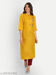 Yellow solid cotton blend straight kurta