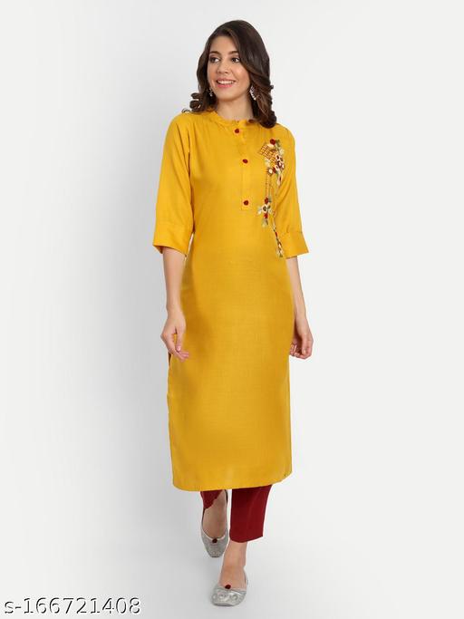 Yellow solid cotton blend straight kurta
