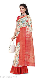 Fashionable Zarina White/Tusser Floral Bright Color Semi-Transparent Cotton Blend Saree with Contrast Matching Unstitched Blouse. Perfect Daily Wear Sadi for Women to gift on occasions