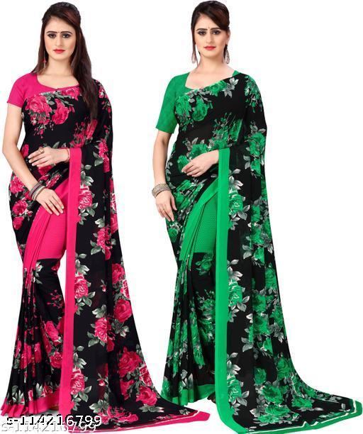 Women's Floral Printed Saree Combo Pack with Unstitched Blouse Piece ( Pack of 2 )