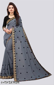 Introducing a new Georgette saree featuring a star-shaped patch design paired with a sophisticated Maharani lace border.