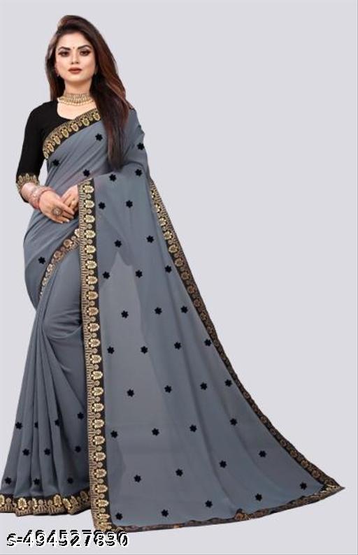Introducing a new Georgette saree featuring a star-shaped patch design paired with a sophisticated Maharani lace border.