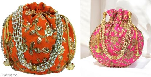 Traditional Silk Potli Purse with Floral Embroidery | Bridal, Party & Festive Handbag pack of 2
